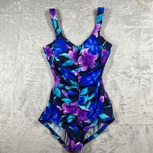 Le Cove Womens Floral One Piece Swimsuit Blue Purple Hibiscus Tummy Control 14